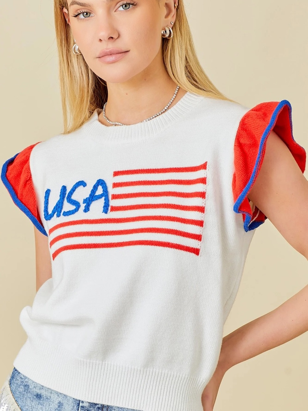 Endless Moon, Small cap sleeve USA Flag Knit Top - White with Red & Blue